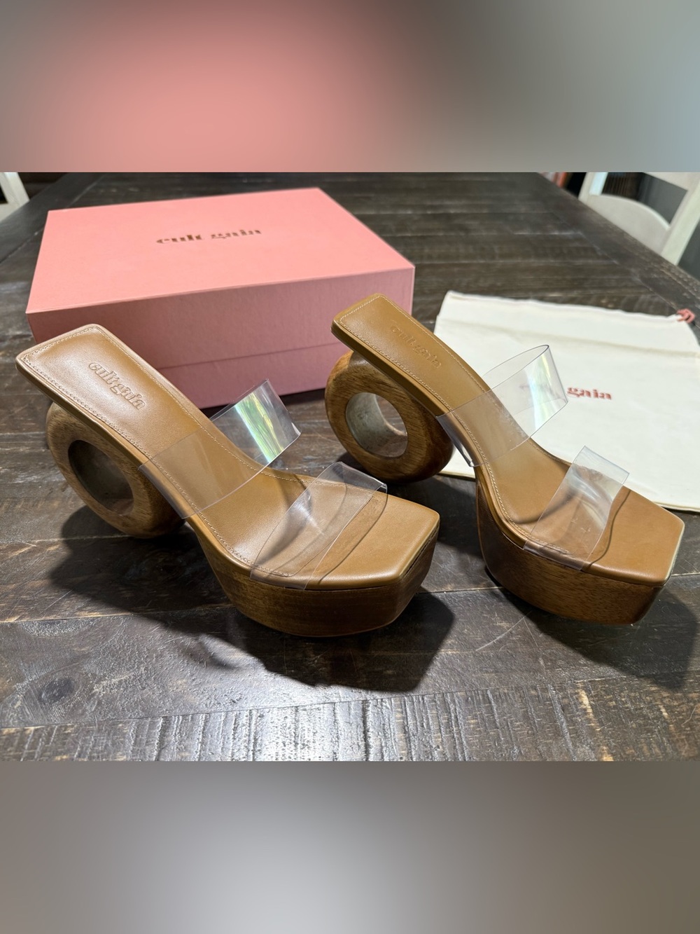NIB Cult Gaia Remi Clear Wood Circle Platform Sandals Sz 38 EU Summer Resort - Picture 6 of 16